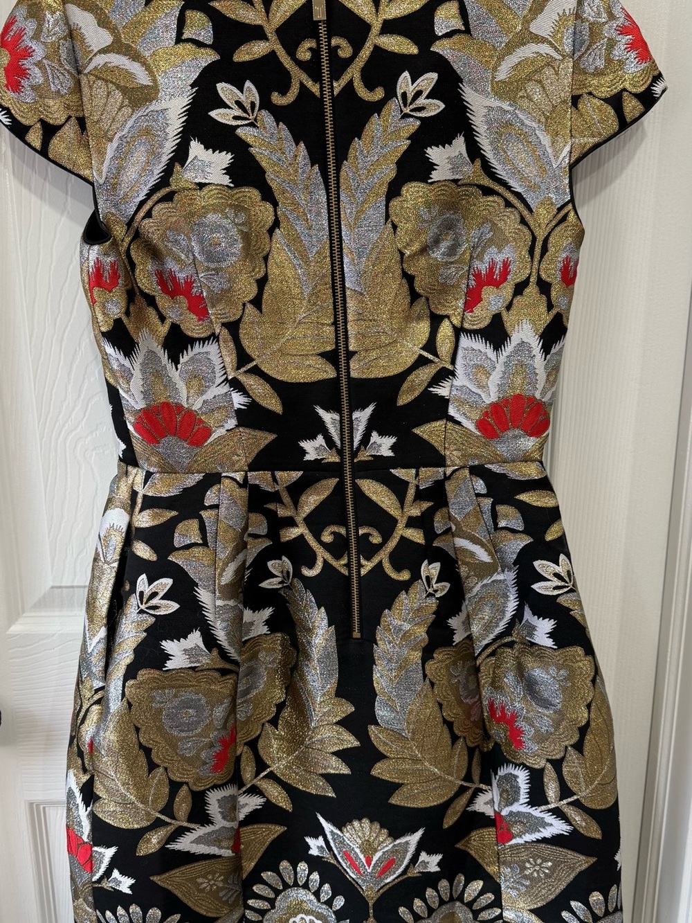 Ted Baker Black Dress with Gold, Silver & Red Metallic Floral Jacquard - Picture 2 of 4
